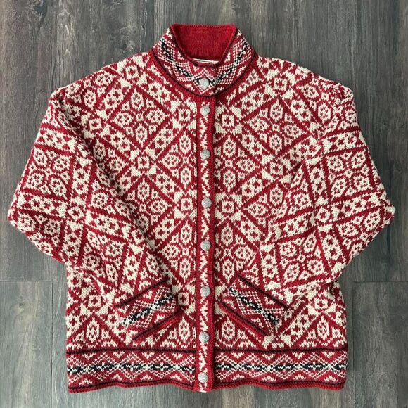 L.L. Bean Sweaters - Vtg L.L. Bean Nordic Wool Blend Cardigan Button Up Red White Sweater Sz Medium